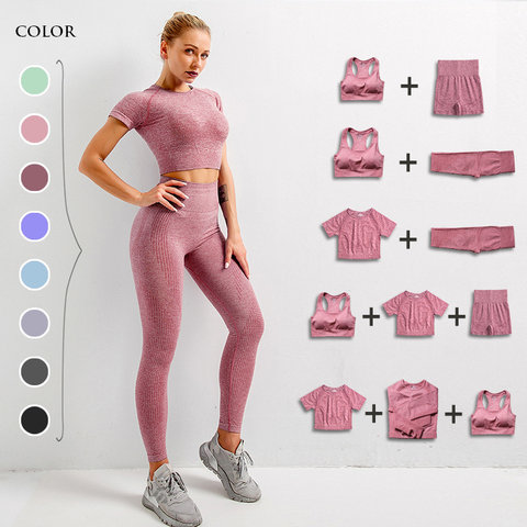 seamless set of female yoga workout clothes gym fitness long sleeve crop top high waist leggings sports suits ► Photo 1/6