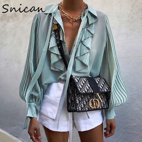 Snican pleated sleeve cascading ruffle bow tie office ladies blouse chic fashion female tops za 2022 women camisas femininas new ► Photo 1/6