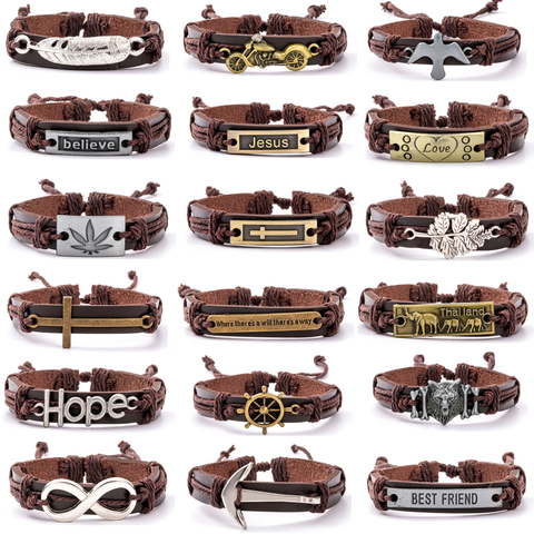 32 Styles Brown Rope Weave Believe Motorcycle Bat Wolf Head Cross Charm Leather Bracelets Men Women Bangles Femme Male Jewellery ► Photo 1/6