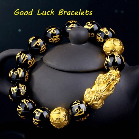 Feng Shui Obsidian Stone Beads Bracelet Men Women Unisex Wristband Gold Black Pixiu Wealth and Good Luck Women Bracelet ► Photo 1/6