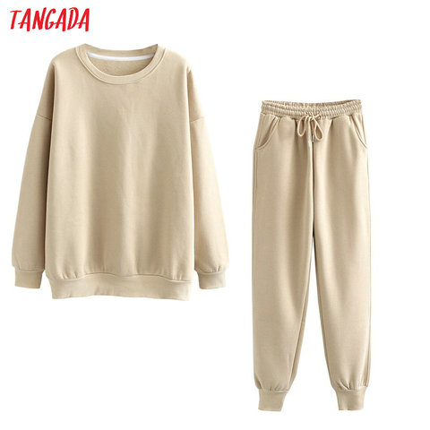 Tangada 2022 Autumn Winter Women warm yellow fleece 100% cotton suit 2 pieces sets o neck hoodies sweatshirt pants suits 6L24 ► Photo 1/5