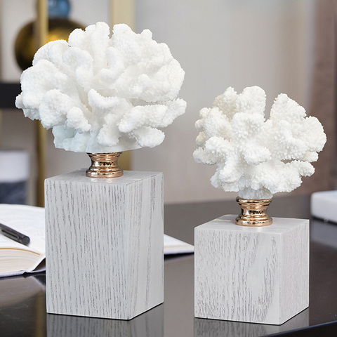 European-style White Artificial Coral Ornaments Resin Marble Living Room Office Bookcase Crafts Solid Wood Base Home Decoration ► Photo 1/6