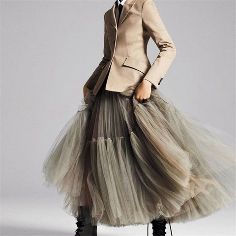 90 cm Runway Luxury Soft Tulle Skirt Hand-made Maxi Long Pleated Skirts Womens Vintage Petticoat Voile Jupes Falda ► Photo 1/6