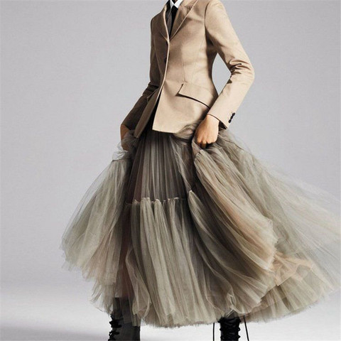 Runway Luxury Soft Tulle Skirt Hand-made Maxi Long Pleated Skirts Womens Vintage Petticoat Voile Jupes Falda ► Photo 1/6