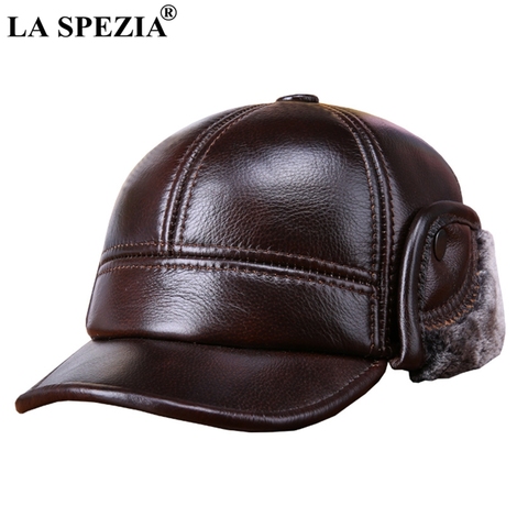 LA SPEZIA Winter Baseball Caps with Fur Earflaps Men Genuine Cow Leather Warm Thick Duckbill Hat Male Luxury Brown Leather Hat ► Photo 1/6