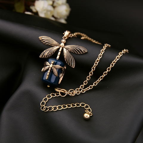 BALANBIU Vintage Gold Color Alloy Dragonfly Pendant Necklace For Women Long Sweater Chain Dark Blue Formica Necklace Accessories ► Photo 1/6