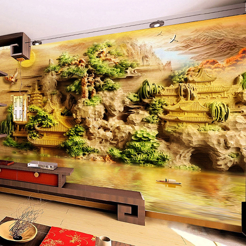 Custom Mural Creative Wood Carving 3D Chinese Style Mountain Water Pavilion Landscape Background Wall Painting Living Room Decor ► Photo 1/6