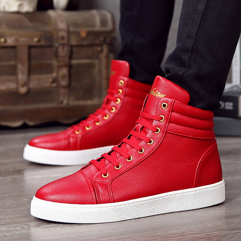 New Fashion High Top Casual Shoes For Men PU Leather Lace Up Red White  Black Color Mens Casual Shoes Men High Top Shoes Red - Price history u0026  Review | AliExpress Seller -