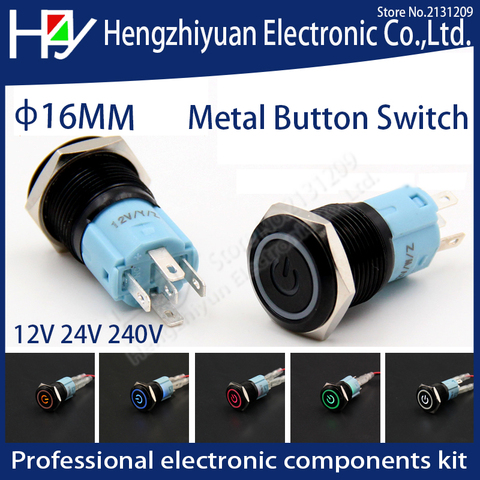 Hzy LED Locking 12V 24V 220V 16mm Waterproof Metal Push Button Switch maintained metal switch Latching push button ► Photo 1/5