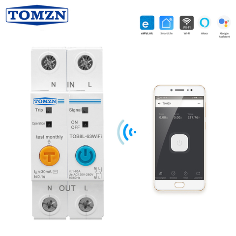 63A Ewelink Single Phase WIFI Smart Energy Meter Kwh Metering Monitoring Circuit Breaker Timer Relay with Leakage Protection ► Photo 1/6