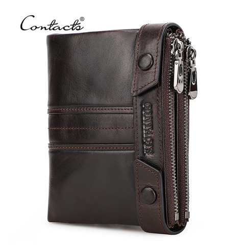 CONTACT'S Genuine Leather Men Wallet Double Zippers Design Coin Purse Small Mini Card Holder Wallets Rfid Money Bag Male Purses ► Photo 1/6