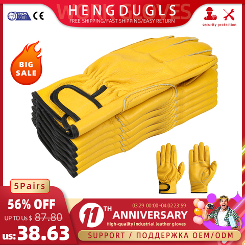 HENDUGLS Cowhide Work Gloves Yellow Men Hand Soft Construction Site Safety Leather Working Gloves Suit 5pcs Free Shipping 527NP ► Photo 1/6