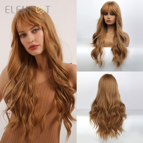 Element High Temperature Fiber Long Wavy Golden Blonde Party Synthetic Wigs with Bangs for White/Black Women ► Photo 1/6