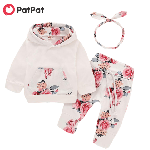 PatPat 2022 Hot Sale  Spring and Autumn Beautiful Floral Long-sleeve Hoodie Pants and Headband Set Baby Toddler Girl Clothes ► Photo 1/6