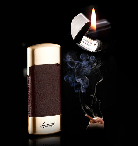 Honest butane gas lighter Personality retro ultra thin lighter old grinding wheel leather flint gas filled cigarette set ► Photo 1/6