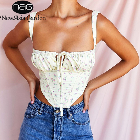 NewAsia Floral Corset Women Sweet Print Hollow Up Tie Up Sexy Crop Top Summer Sleeveless Ruched Boning Bustier Casual Tank Top ► Photo 1/6
