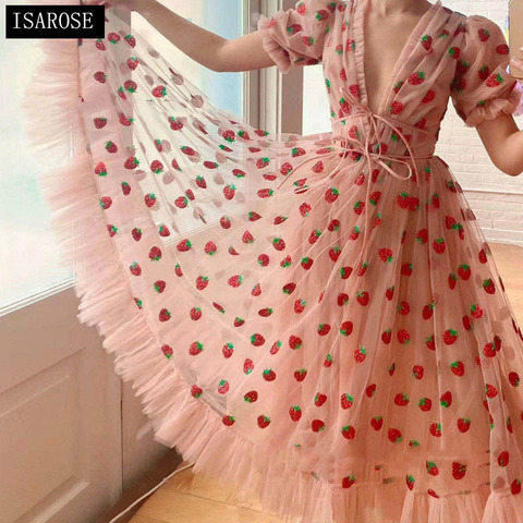 ISAROSE 2022 Strawberry Dress Women Fashion Deep V Pleated Puff Sleeve Sweet Voile Mesh Sequins Embroidery French Party Dresses ► Photo 1/6