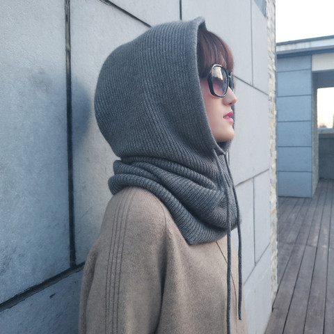 Women Cashmere Wool Hats Bib One Female Winter Thick Knitted Skullies Version Cap Earmuffs Collar Soft Warm Beanies Hooded Scarf ► Photo 1/6