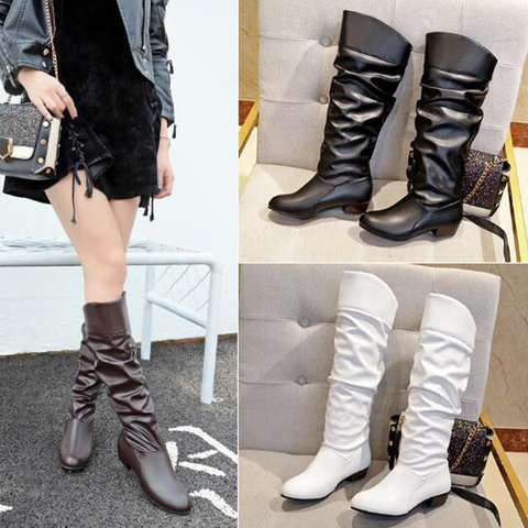 2022 Spring Fashion Women Boots  Boots Botas Female Stretch PU Leather Boots Shoes Woman Black White Roma Knee-Length Boots ► Photo 1/6