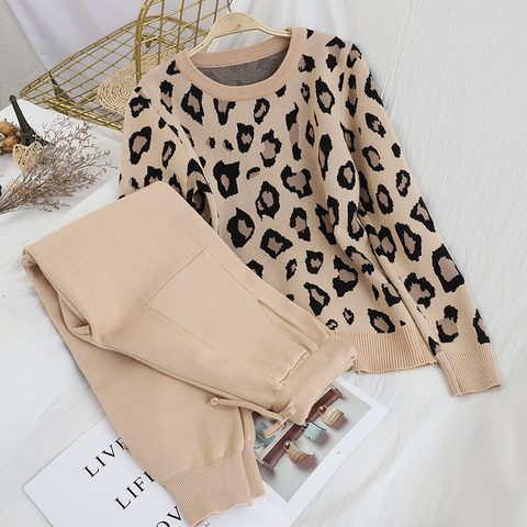 Fashion Retro Women Knitted Suits Leopard Long Sleeve O-neck Sweater + Lace Up Waist Pocket Harem Pants Korean Sets ► Photo 1/4