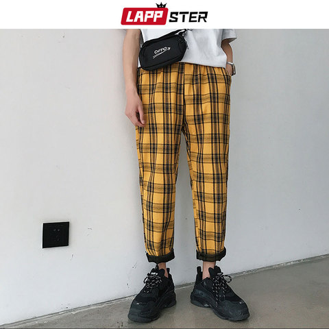 LAPPSTER Streetwear Yellow Plaid Pants Men Joggers 2022 Man Casual Straight Harem Pants Men Korean Hip Hop Track Pants Plus Size ► Photo 1/6