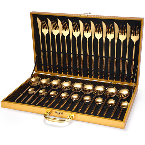24pcs Gold Dinnerware Set Stainless Steel Tableware Set Knife Fork Spoon Luxury Cutlery Set Gift Box Flatware Dishwasher Safe ► Photo 1/6