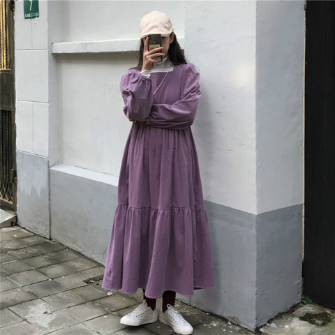 Women Spring Square Collar Corduroy Loose Purple Long Dress Long Sleeve Pullover Vintage Out Wear Maxi Dresses ► Photo 1/5