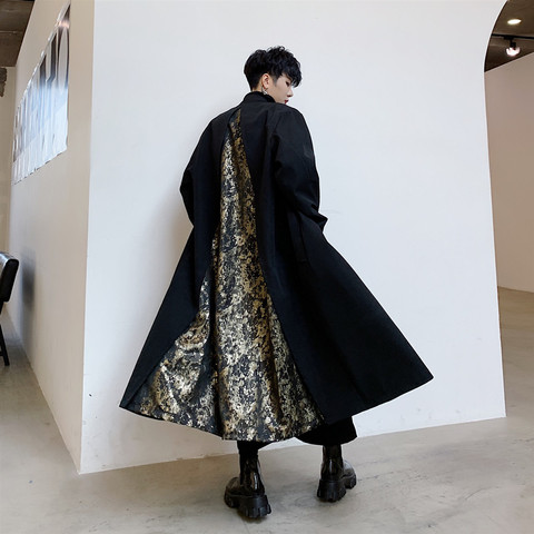 Men Vintage Pattern Splice Loose Casual Long Jacket Trench Coat Male Japan Streetwear Hip Hop Gothic Kimono Overcoat Cardigan ► Photo 1/6