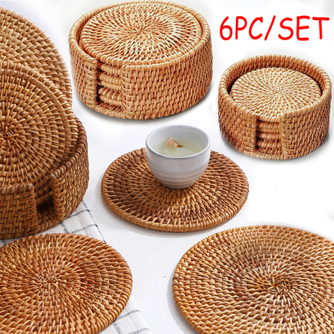 6PC Round Natural Rattan Coasters Bowl Pad Handmade Insulation Placemats Table Padding Cup Mats Kitchen Decoration Accessories ► Photo 1/1