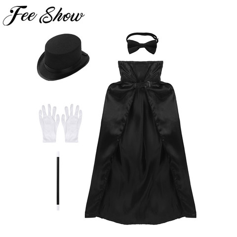 Kids Magician Wizard Role-playing Games Costume Outfit Boys Girls Cape Hat Magic Wand Gloves Necktie Set for Halloween Cosplay ► Photo 1/6