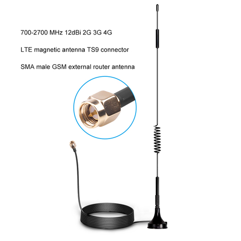 700-2700MHz 12dBi 2G 3G 4G LTE Magnetic Antenna TS9 CRC9 SMA Male Connector GSM External Router Antenna 1.5m ► Photo 1/6