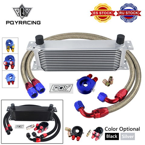 UNIVERSAL 13 ROWS OIL COOLER KIT + OIL FILTER SANDWICH ADAPTER + NYLON STAINLESS STEEL BRAIDED AN10 HOSE W/ PQY STICKER+BOX ► Photo 1/6