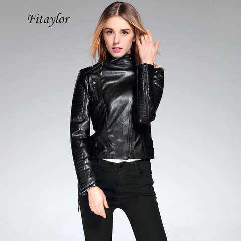 Fitaylor New 2022 Women PU Leather Short Jacket Slim Fashion Punk Outwear Long Sleeve Motorcycle Black Jacket Spring Outwear ► Photo 1/6