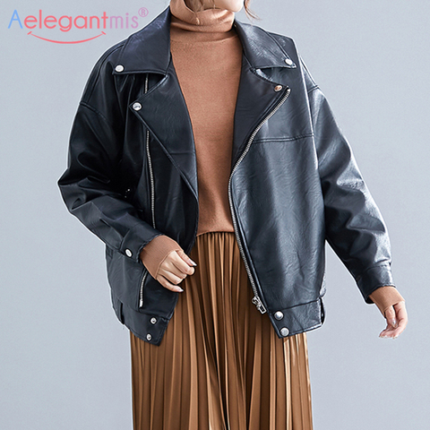 Aelegantmis New Fashion Faux Leather Jackets Women Korean Loose Pu Motorcycle Jacket Loose Long Sleeve Streetwear Coats Zipper ► Photo 1/6