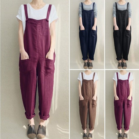 2022 New Womens Jumper Overalls Cami Loose Romper Oversize Ladies Dungarees Jumpsuit Pockets Tank Pants Plus Size S-5XL ► Photo 1/6