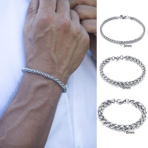 MEN'S JEWELRY 3 TO 8MM WIDE STAINLESS STEEL WHEAT CHAIN BRACELET 7.48 TO 9 INCHES LOBSTER CLASP ► Photo 1/6