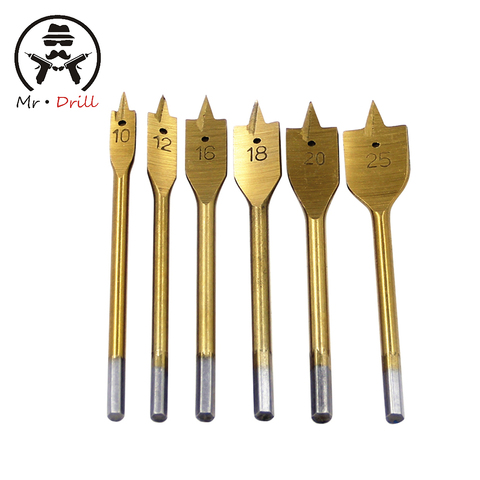 6pcs/set 10mm-25mm Titanium Flat Drill Long High-carbon Steel Wood Flat Drill Set Woodworking Spade Drill Bits ► Photo 1/6