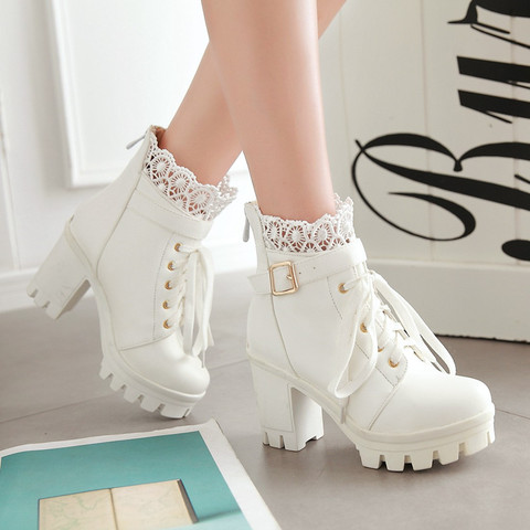 Winter new High-heeled Coarse heel platform Martin boots Frenulum Waterproof Thick bottom white Women Boots zapatos de mujer 33 ► Photo 1/6