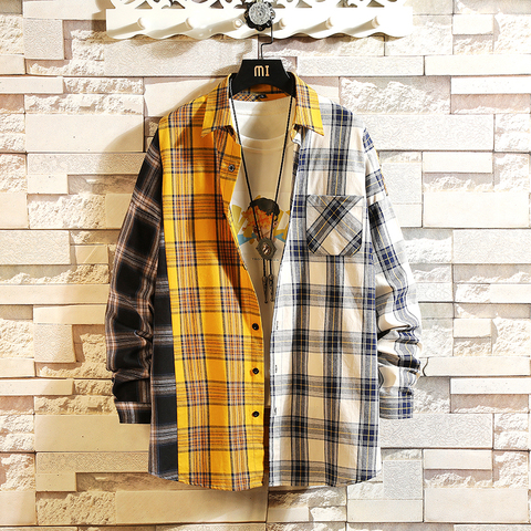 New Plaid Contrast Colour Casual Loose Shirt 2022 Fashion Patchwork Long Sleeve Casual Shirt Hip Hop Street Clothing Men's Shirt ► Photo 1/6