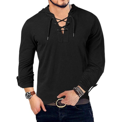 New Fashion Men's Hooded Tee Long Sleeve Cotton Henley T-Shirt Medieval Lace Up V Neck Outdoor Tee Tops Loose Casual ► Photo 1/6