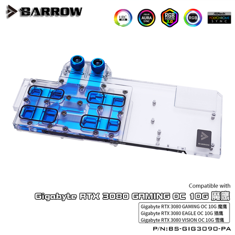 Barrow full coverage water block use for GIGABYTE RTX 3080 GAMING/EAGLE/VISION OC GPU card Copper Radiator Block 5V Header A-RGB ► Photo 1/6