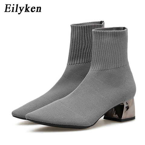 EilyKen 2022 Autumn Winter Knitted Stretch Fabric Socks Women Boots Low heel Short Boots Gray PointedToe Women Ankle Boots ► Photo 1/6