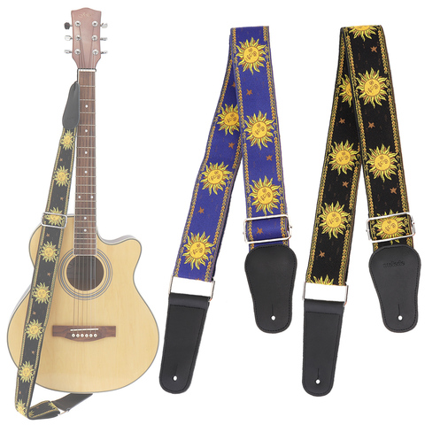 Durable Jacquard Weave Double Fabric Guitar Strap Sun Flower Pattern Genuine Leather Ends with for Acoustic Electric Guitar Bass ► Photo 1/6