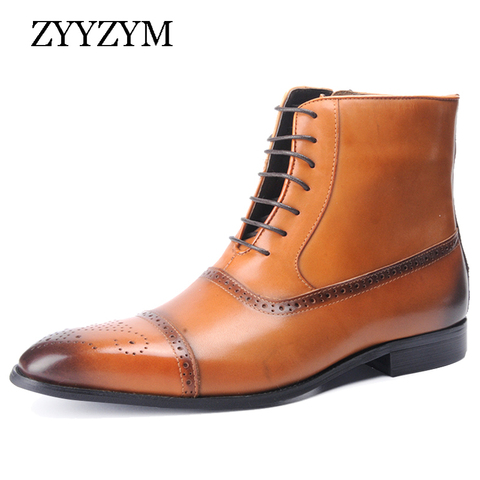 ZYYZYM Men Boots Leather Side Zipper Lace Up Men High Top Brogue Shoes Man Oxfords European Leather Boots Men Zapatos De Hombre ► Photo 1/6