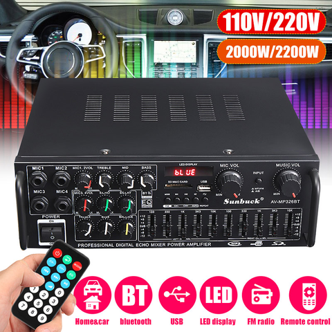 Hot Sales bluetooth 2.0 Channel 2000W Audio Power HiFi Amplifier 326BT 12V/220V AV Amp Speaker with Remote Control for Car Home ► Photo 1/6