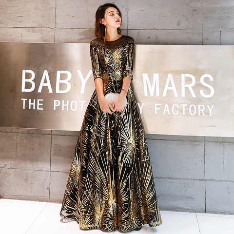 Robe De Soiree Evening Dress Gold Sequined Crystal O-Neck Black Floor-Length Dinner Long Party Prom Gowns ► Photo 1/6