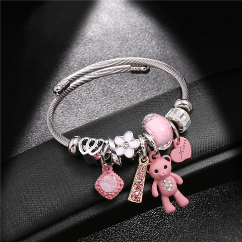 Fashion Bracelets & Bangles Stainless Steel DIY Jewelry Big Pink Bear Pendant Hearts Love Women's Bracelet Cuff Charms Pulseras ► Photo 1/6