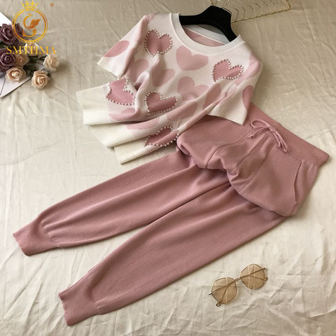 2022 New Arrival Beaded Heart Shape Short-Sleeved Sweater + Elastic Waist Pants Women Sweet 2pcs Suit Ladies Summer Clothing Set ► Photo 1/6