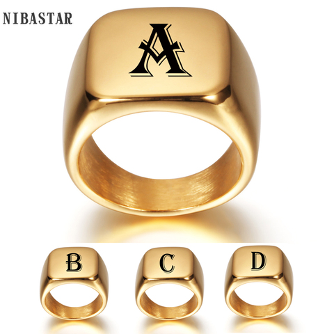 Personalised Initial Engrave A to Z Alphabet Stainless Steel Signet Blank Plain Ring Band High Polished Gold Tone U.S.Size ► Photo 1/6