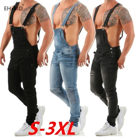EH·MD® One-piece Overalls Jeans Men's Hole Scratched Black Trousers Popular Work Pants Slim Feet Wild Fashion Strap Comfortable ► Photo 1/6